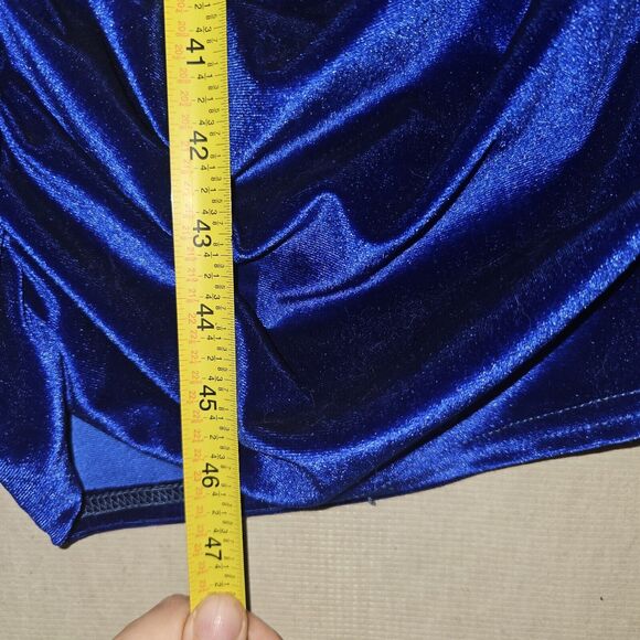 Blue Velvet Bandeau Maxi Dress One Shoulder Size Small Ruch Red Carpet Glam - Picture 7 of 14